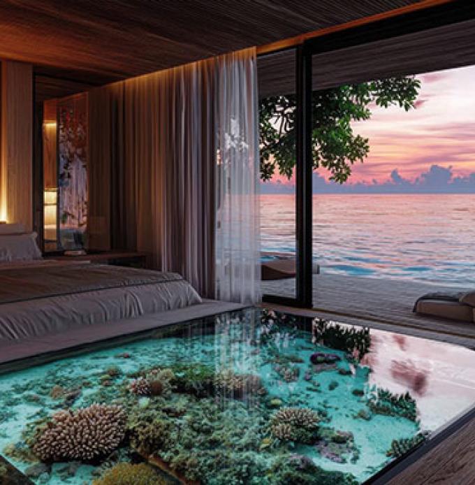 Blick von einem superluxuriösen Apartment aufs Meer vor der Terrassentüre als Beispiel für einen traumhaften Luxusurlaub