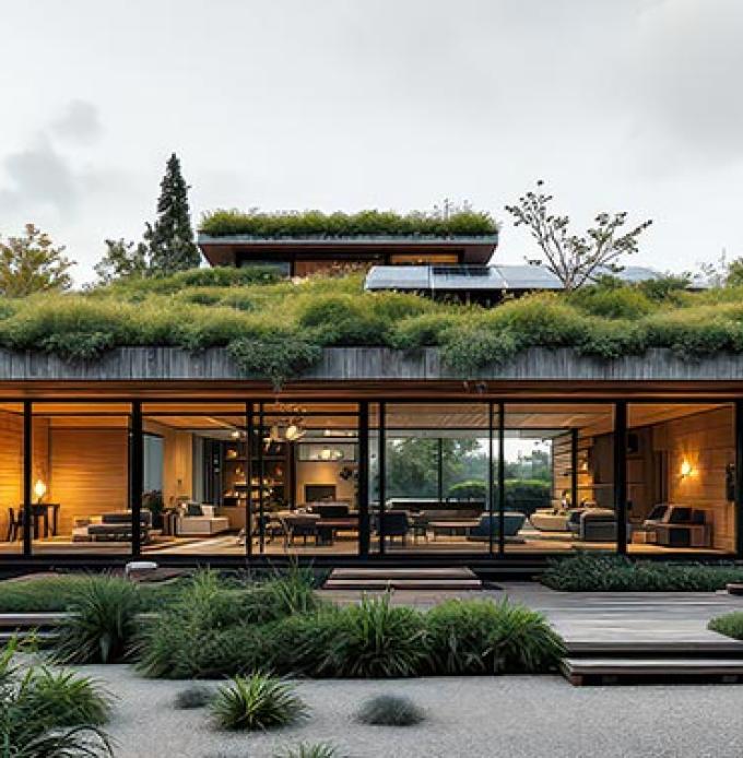 Darstellung eines nachhaltig gebauten Luxusdomizils mit Schwerpunkt naturnahe Bebauung (Foto: © Kimtan, Adobe Stock)