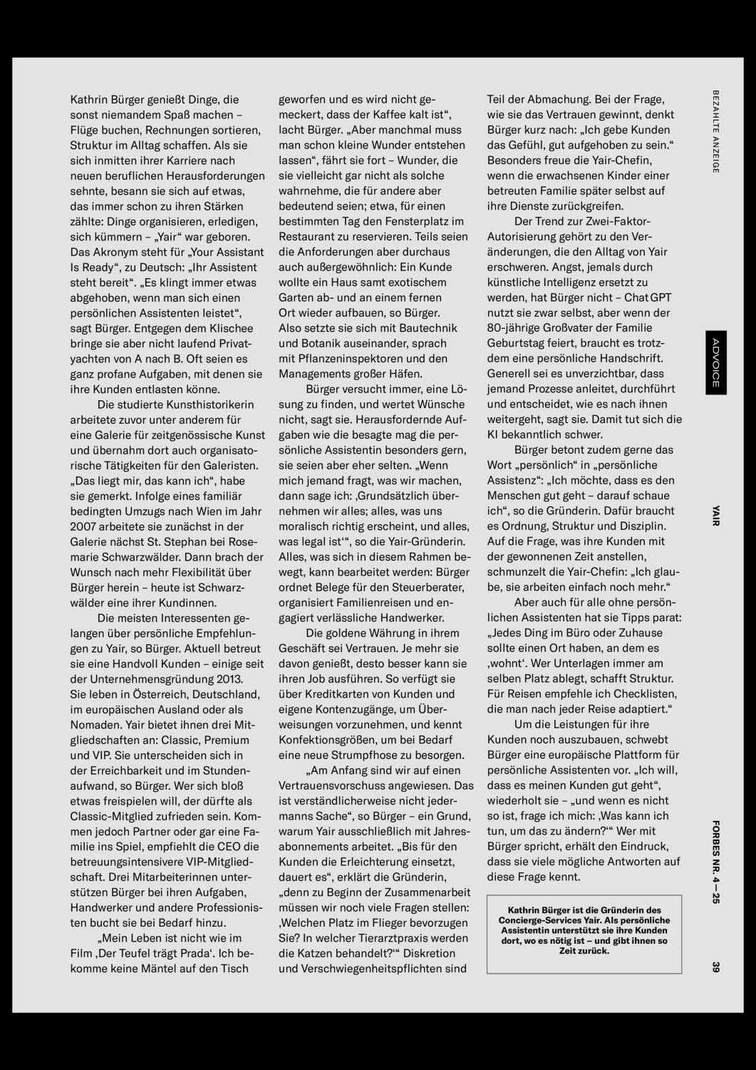  Forbes Österreich , Nr. 4 - 25, Seite 39, Text: Ines Erker, Foto: Gianmaria Gava